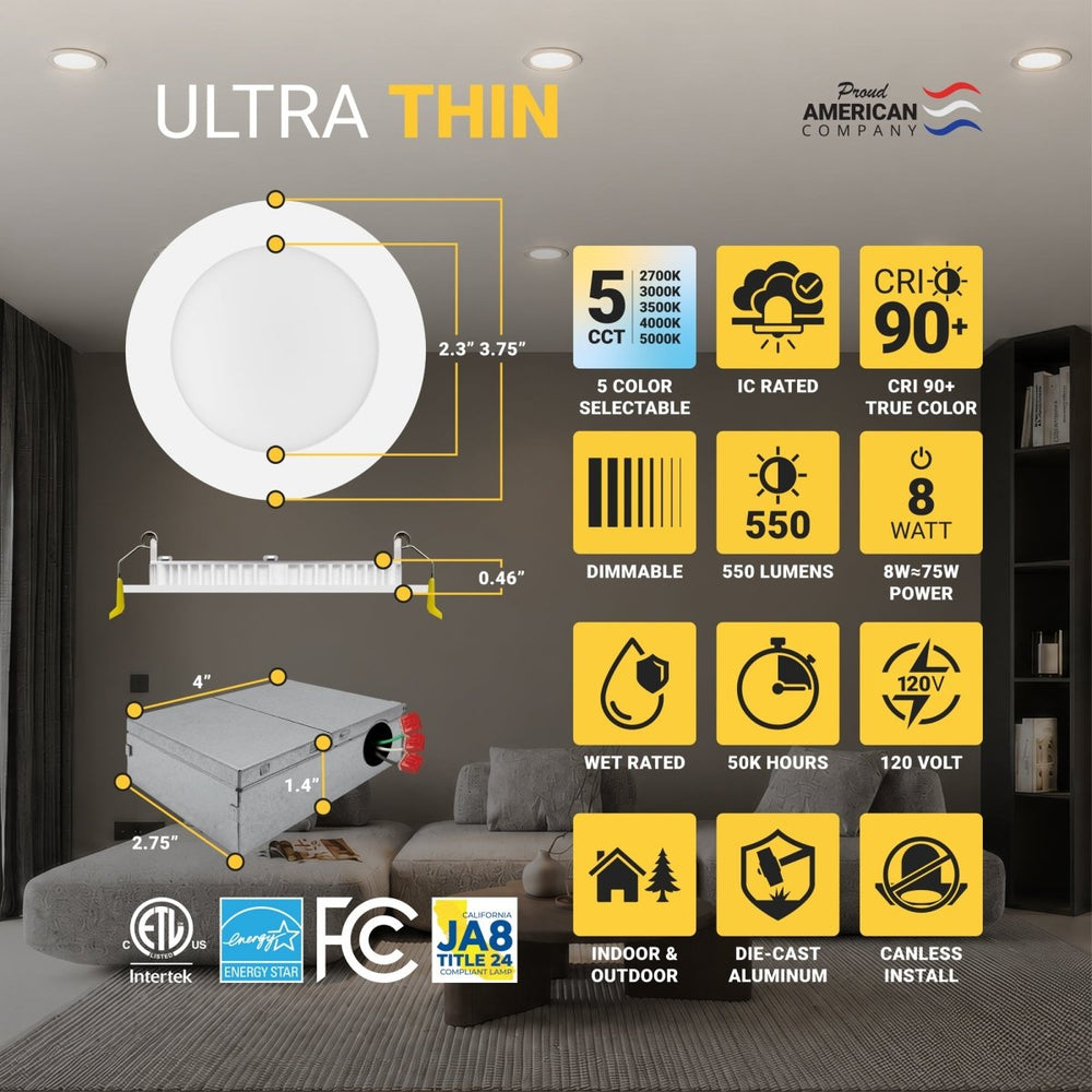 3" Inch Canless Recessed Lighting Slim LED Wafer Lights - Wet Rated - 5CCT 2700K-5000K - 550LM | Nuwatt Lighting