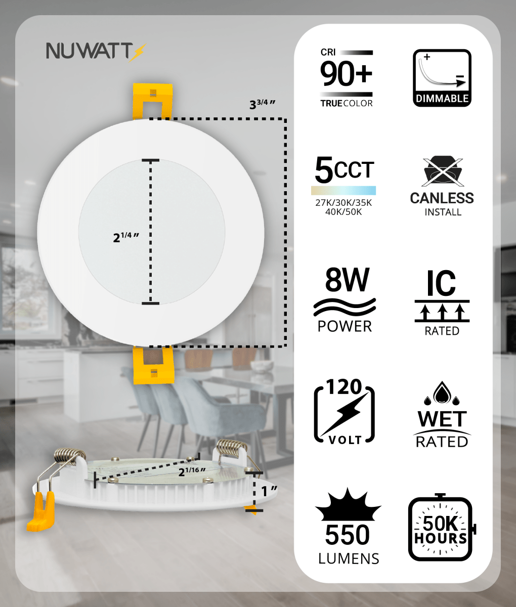 3" Inch Canless Recessed Lighting Slim LED Wafer Lights - Wet Rated - 5CCT 2700K-5000K - 550LM