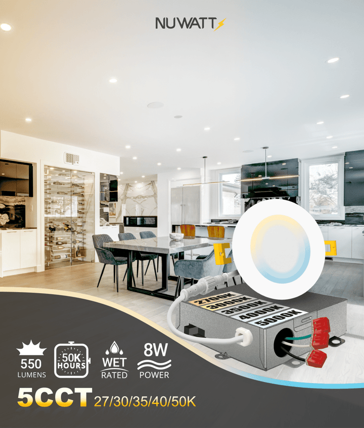 3" Inch Canless Recessed Lighting Slim LED Wafer Lights - Wet Rated - 5CCT 2700K-5000K - 550LM