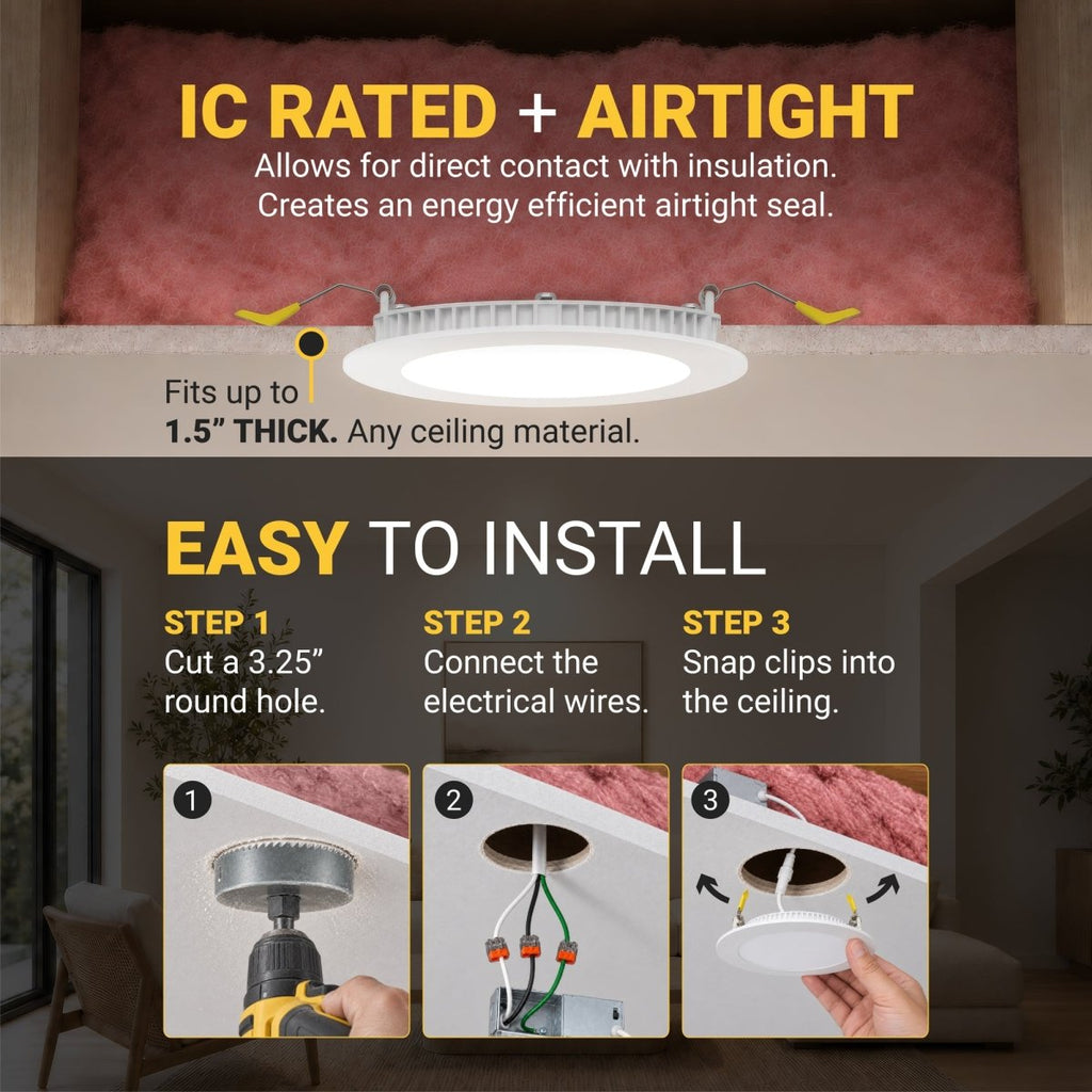 3" Inch Canless Recessed Lighting Slim LED Wafer Lights - Wet Rated - 5CCT 2700K-5000K - 550LM | Nuwatt Lighting