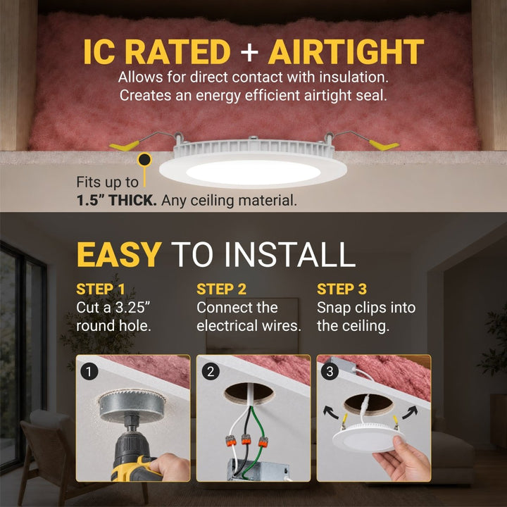 3" Inch Canless Recessed Lighting Slim LED Wafer Lights - Wet Rated - 5CCT 2700K-5000K - 550LM | Nuwatt Lighting