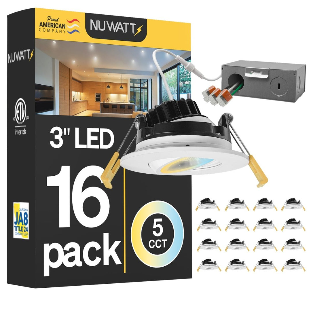 3" Inch Gimbal Recessed Light for Sloped Ceiling Canless LED Lighting - Wet Rated - 5CCT 2700K-5000K - 600LM