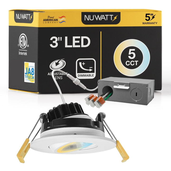 3" Inch Gimbal Recessed Light for Sloped Ceiling Canless LED Lighting - Wet Rated - 5CCT 2700K-5000K - 600LM