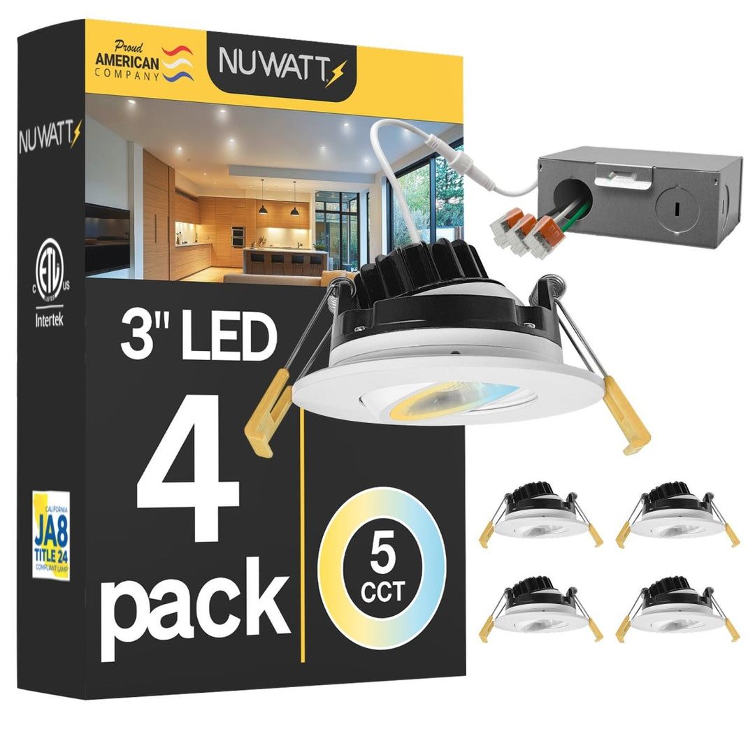 3" Inch Gimbal Recessed Light for Sloped Ceiling Canless LED Lighting - Wet Rated - 5CCT 2700K-5000K - 600LM