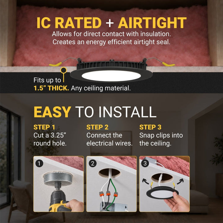 3 Inch LED Canless Recessed Lighting With Black Trim - Dimmable 550 Lumen - 5CCT 2700K-5000K - Airtight, Wet & IC Rated Wafer Light - Energy Star Certified | Nuwatt Lighting