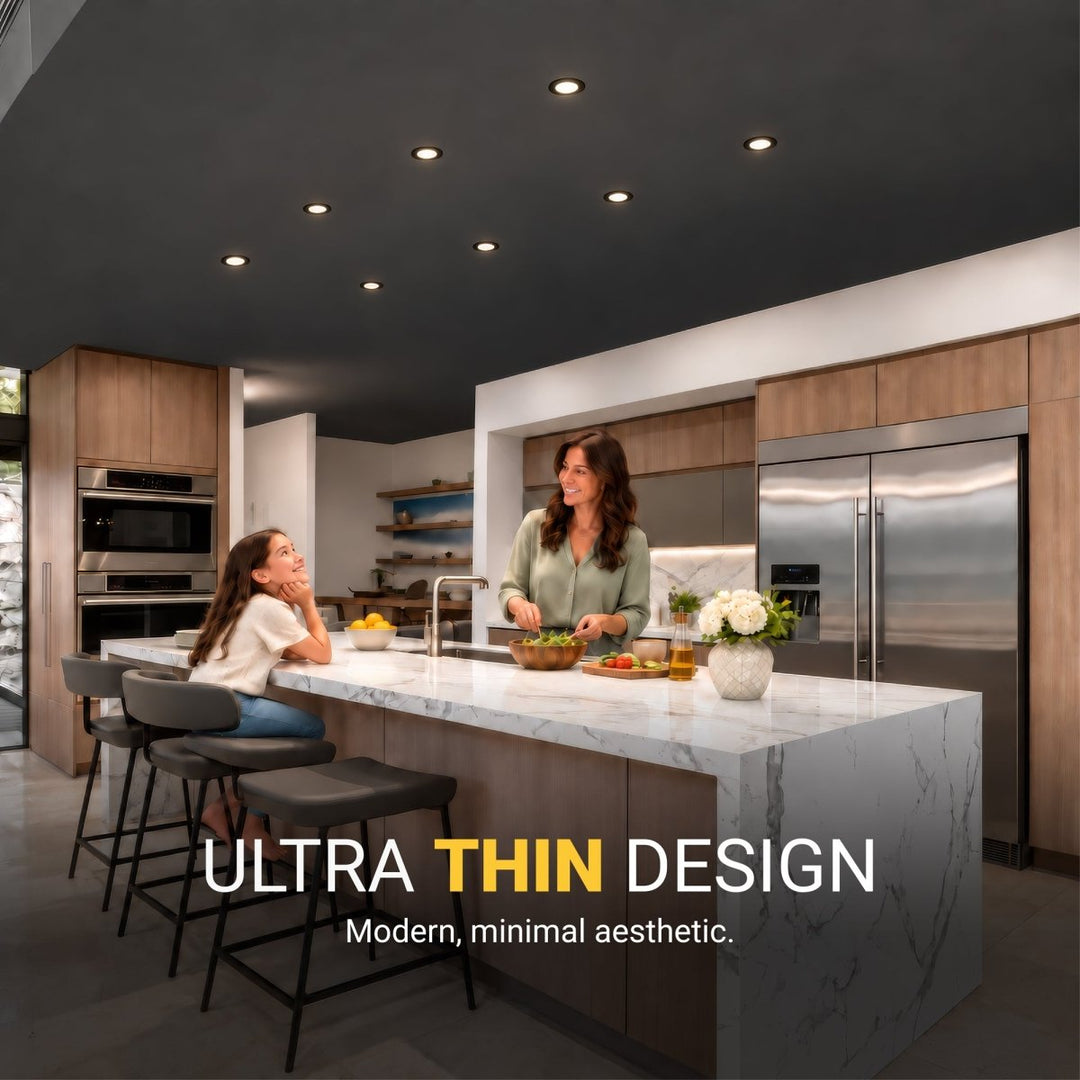3 Inch LED Canless Recessed Lighting With Black Trim - Dimmable 550 Lumen - 5CCT 2700K-5000K - Airtight, Wet & IC Rated Wafer Light - Energy Star Certified | Nuwatt Lighting