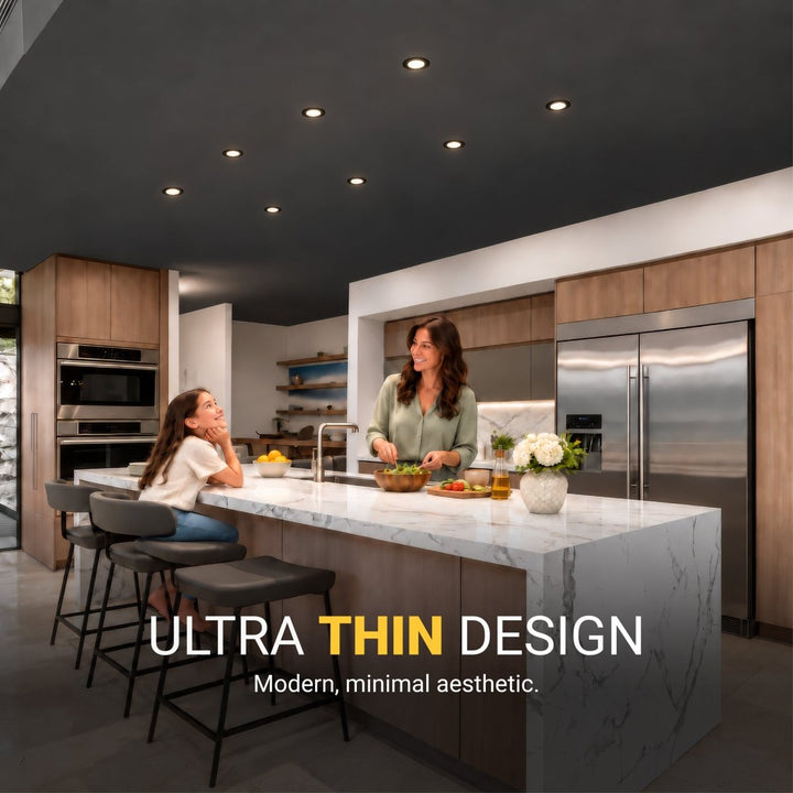 3 Inch LED Canless Recessed Lighting With Black Trim - Dimmable 550 Lumen - 5CCT 2700K-5000K - Airtight, Wet & IC Rated Wafer Light - Energy Star Certified | Nuwatt Lighting