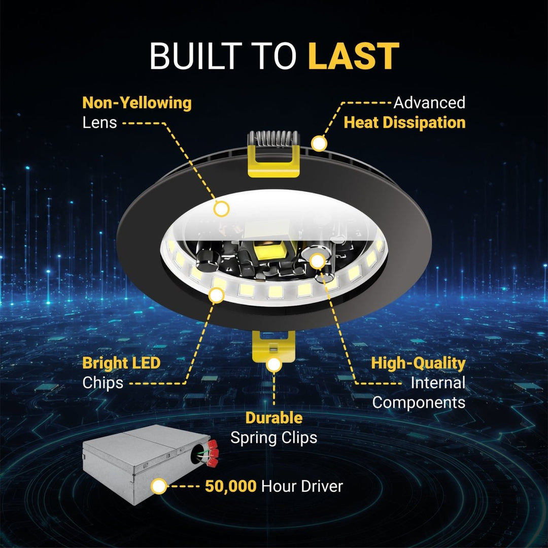 3 Inch LED Canless Recessed Lighting With Black Trim - Dimmable 550 Lumen - 5CCT 2700K-5000K - Airtight, Wet & IC Rated Wafer Light - Energy Star Certified | Nuwatt Lighting