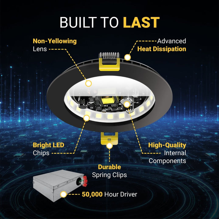 3 Inch LED Canless Recessed Lighting With Black Trim - Dimmable 550 Lumen - 5CCT 2700K-5000K - Airtight, Wet & IC Rated Wafer Light - Energy Star Certified | Nuwatt Lighting
