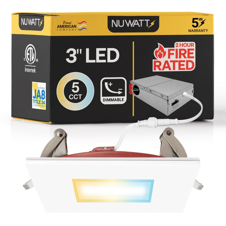 3" Inch Square 2 Hour Fire Rated Recessed Light Slim Canless LED Wafer Lights - Wet Rated - 5CCT 2700K-5000K - 550LM
