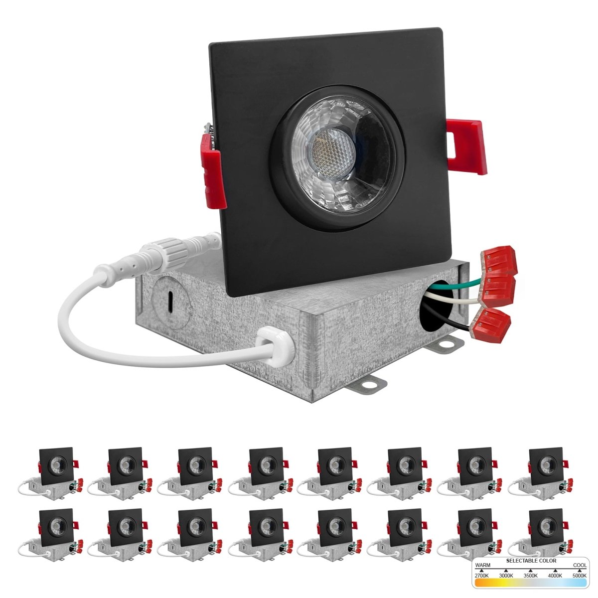 Nuwatt 3 Inch Square LED Gimbal Recessed Downlight 2700K 5000k Selectable Canless Light Wet Rated Pk4 Nw Gmb 3 5ct Wh Sq 4p