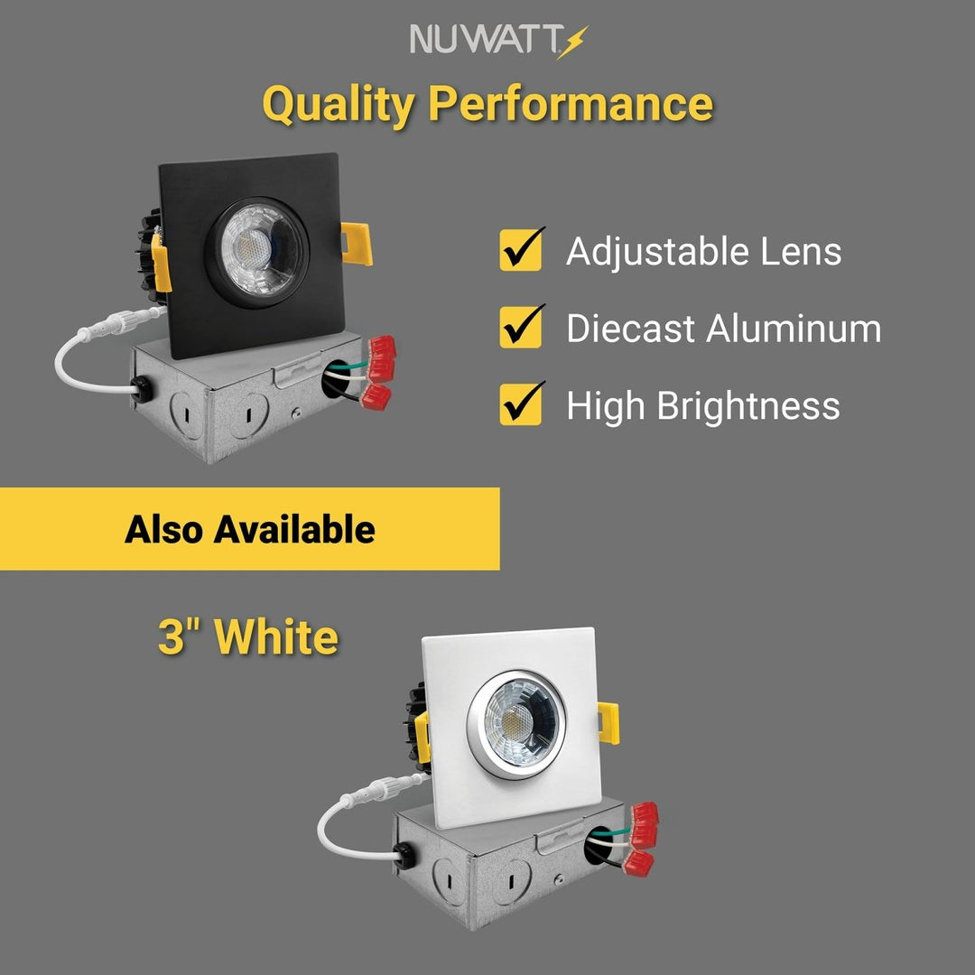 3" Inch Square Black Gimbal Recessed Light for Sloped Ceiling Canless LED Lighting - Wet Rated - 5CCT 2700K-5000K - 600LM