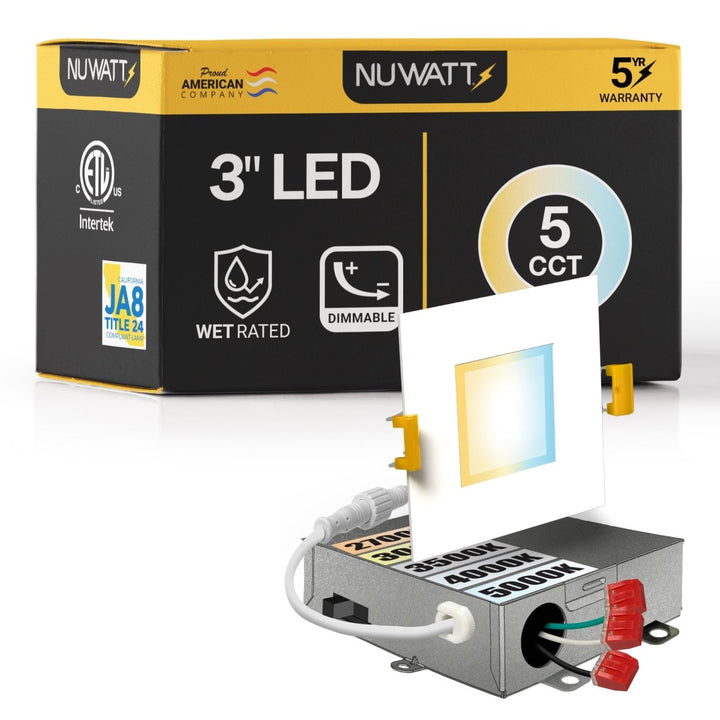 3" Inch Square Canless Recessed Lighting Slim LED Wafer Lights - Wet Rated - 5CCT 2700K-5000K - 550LM