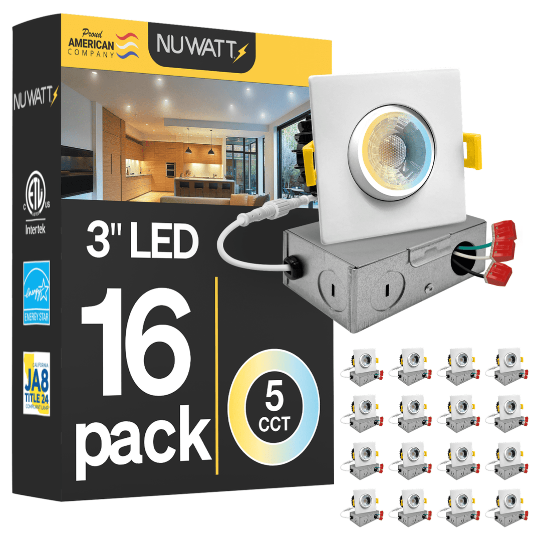 3" Inch Square Gimbal Recessed Light for Sloped Ceiling Canless LED Lighting - Wet Rated - 5CCT 2700K-5000K - 600LM