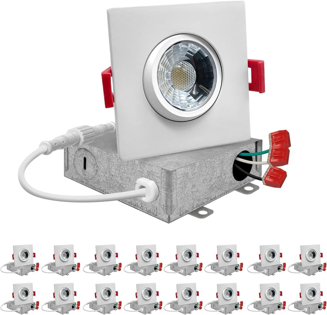 3" Inch Square Gimbal Recessed Light for Sloped Ceiling Canless LED Lighting - Wet Rated - 5CCT 2700K-5000K - 600LM