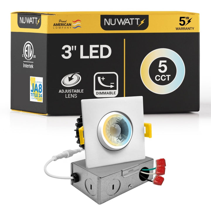 3" Inch Square Gimbal Recessed Light for Sloped Ceiling Canless LED Lighting - Wet Rated - 5CCT 2700K-5000K - 600LM