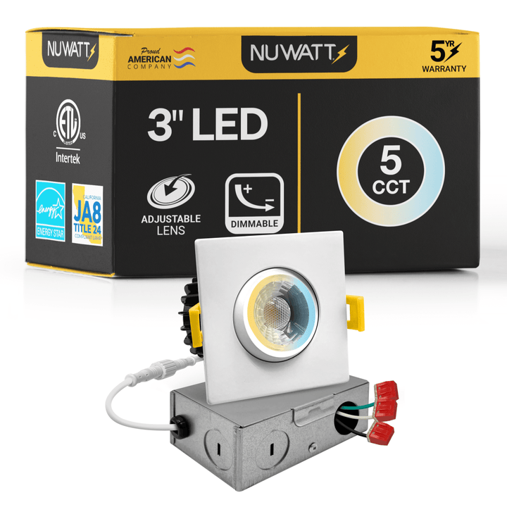3" Inch Square Gimbal Recessed Light for Sloped Ceiling Canless LED Lighting - Wet Rated - 5CCT 2700K-5000K - 600LM
