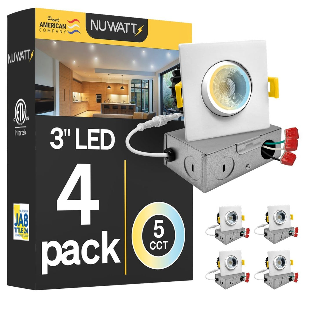 3" Inch Square Gimbal Recessed Light for Sloped Ceiling Canless LED Lighting - Wet Rated - 5CCT 2700K-5000K - 600LM