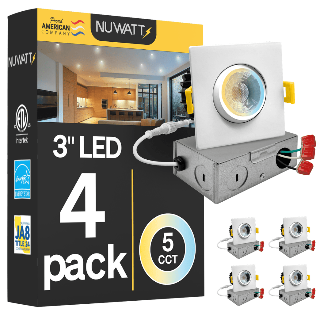 3" Inch Square Gimbal Recessed Light for Sloped Ceiling Canless LED Lighting - Wet Rated - 5CCT 2700K-5000K - 600LM