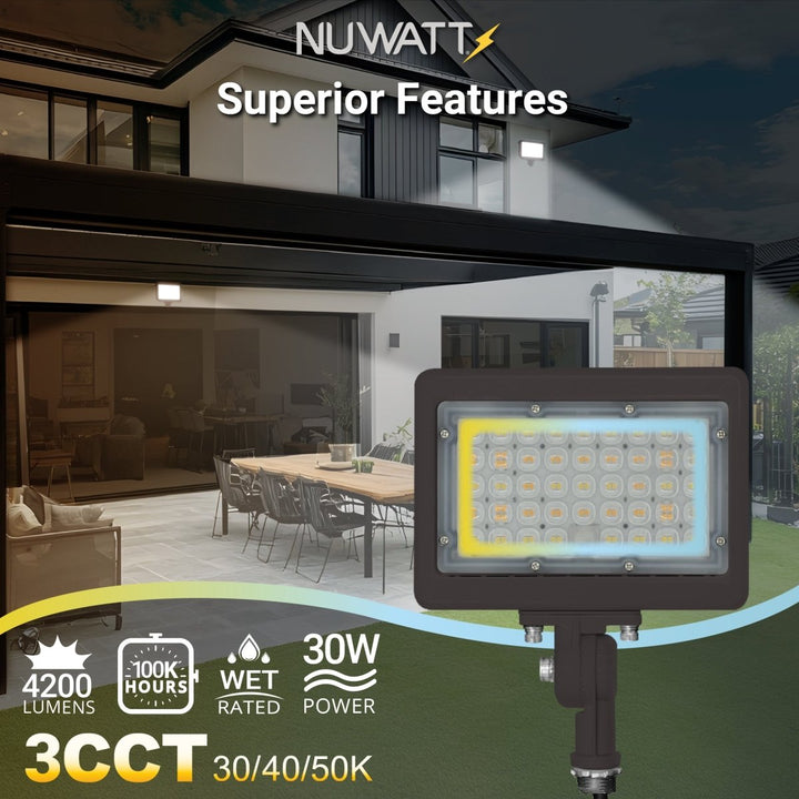 30W Bronze Flood Light LED Outdoor Security Lights - Waterproof - 3CCT 3000K-5000K - 4200LM - Knuckle Mount