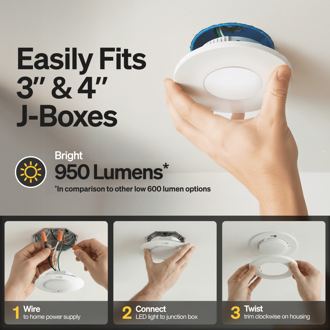 Installation made easy with a 4 inch LED ceiling light that easily fits 3" or 4" J-Boxes. Bright 950 lumens and a short step-by-step installation process.