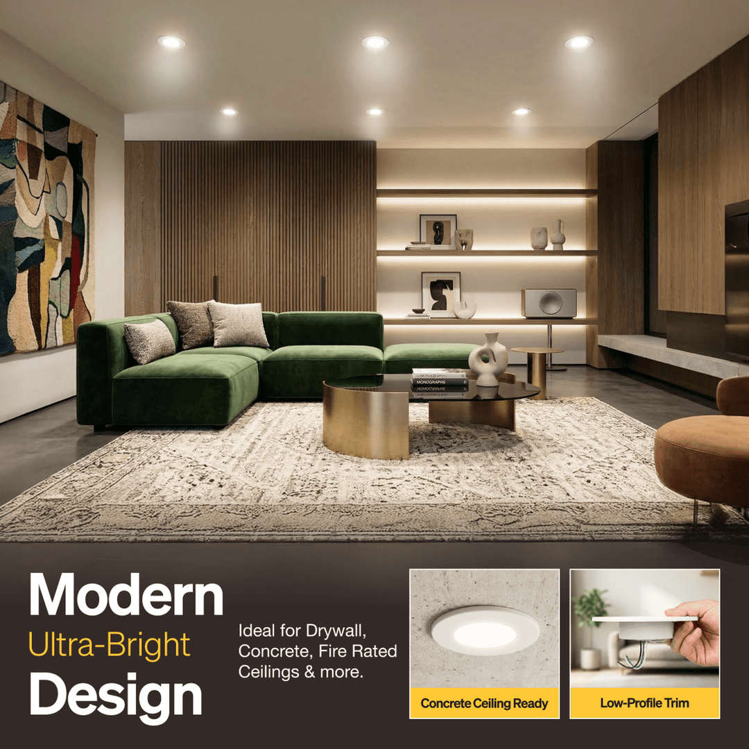 A modern living room interior elevated with 4 inch surface mount ceiling lights to bring new life to an existing space. Perfect for fire rated, concrete, drywall ceilings, & more.