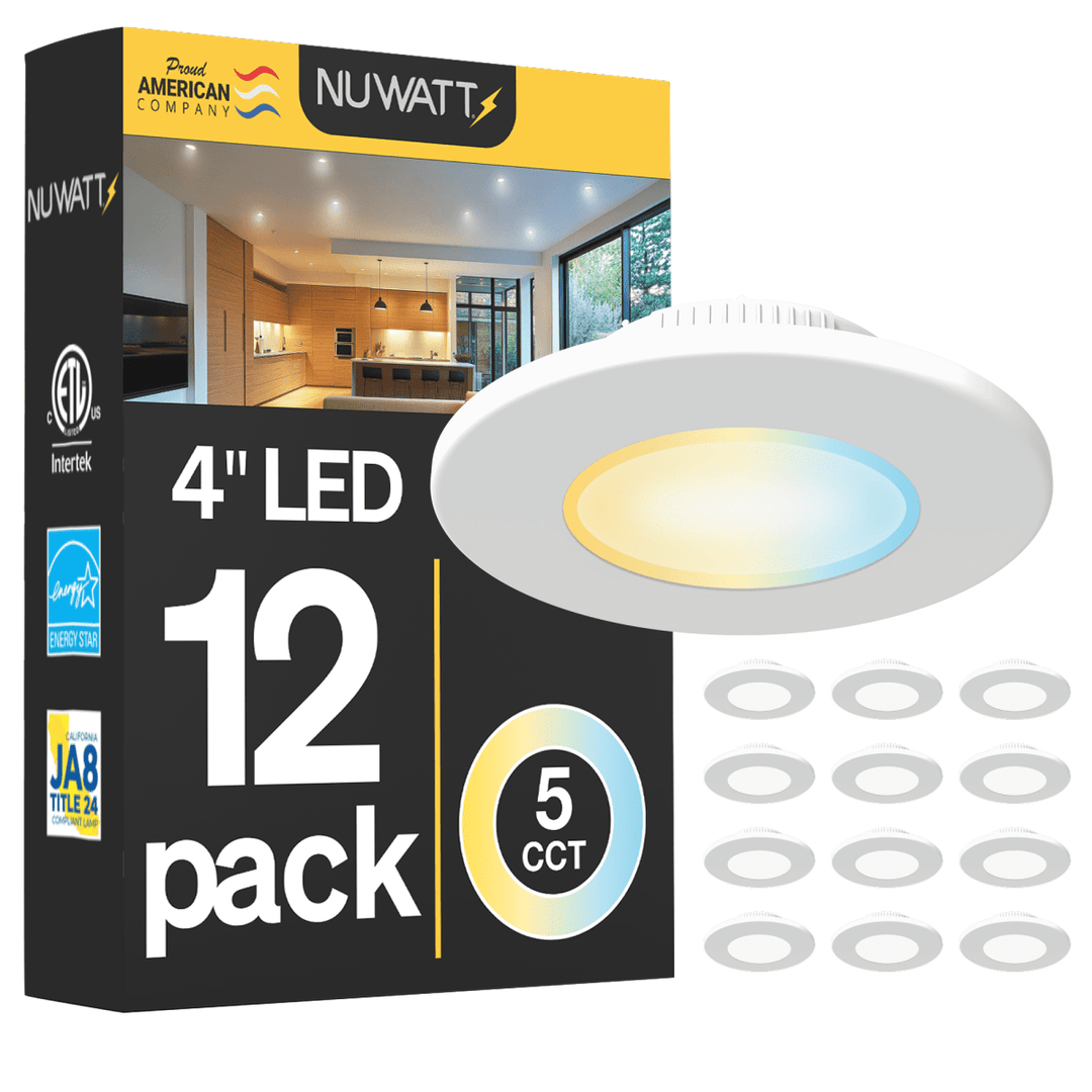 NUWATT 4-inch LED ceiling light pack, 12-pack, 5 CCT, shown with its retail packaging box and a single illuminated light fixture on a white background.