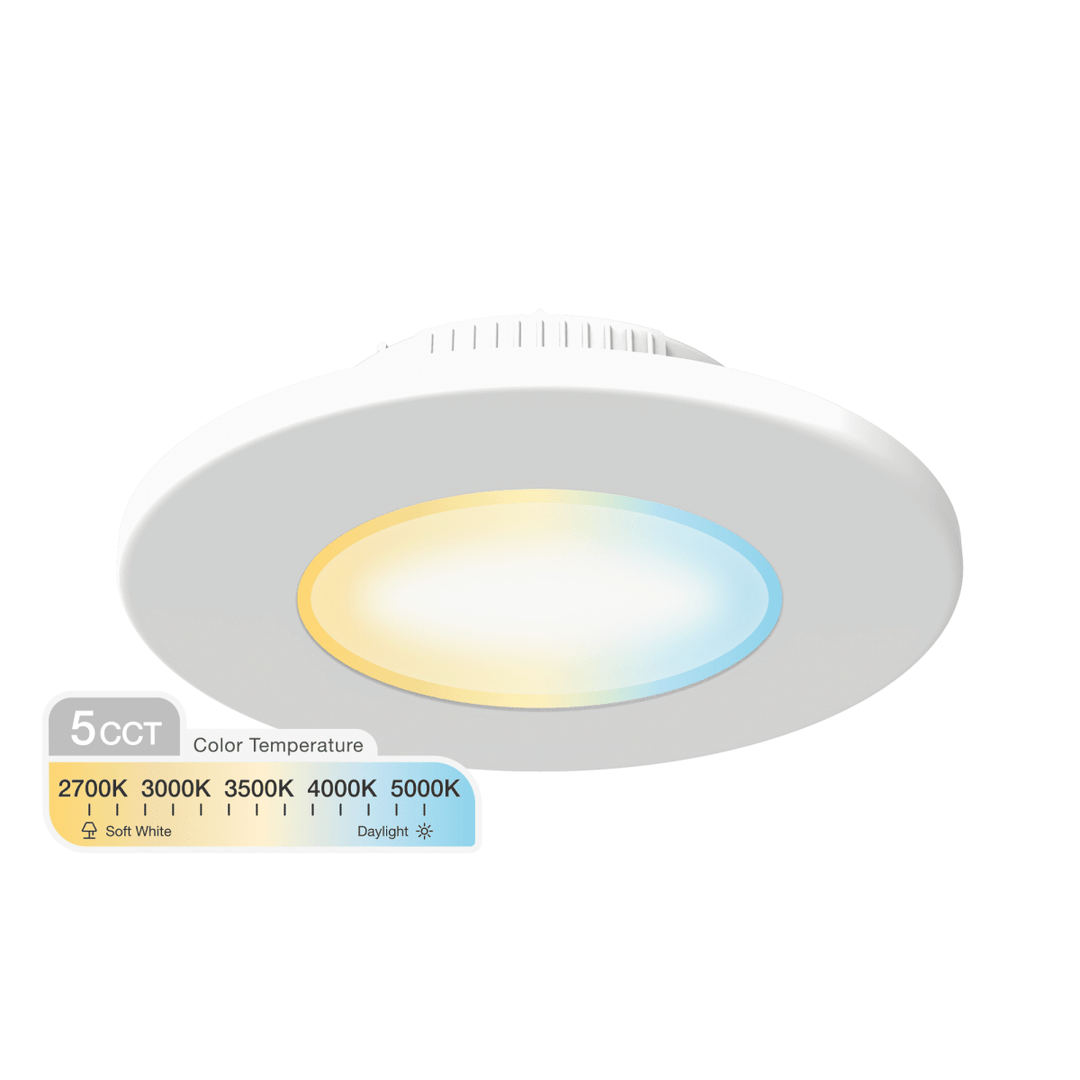 A 5CCT 4 inch LED ceiling light fixture with a white circular frame and bright 950 lumens.