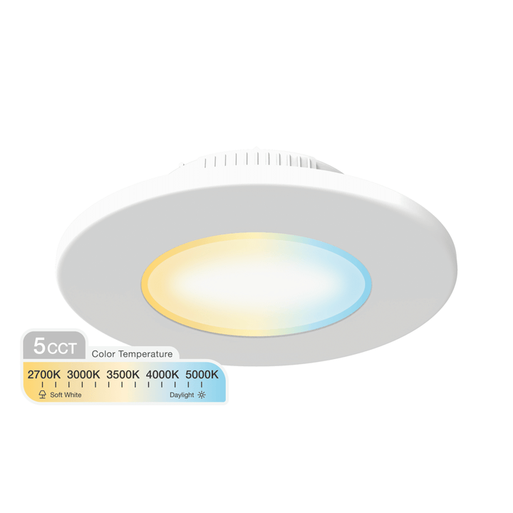 A 5CCT 4 inch LED ceiling light fixture with a white circular frame and bright 950 lumens.