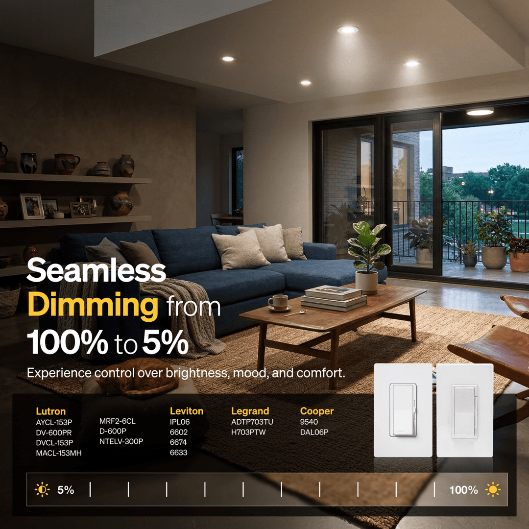 A lifestyle image for dimmable LED ceiling lights down to 5%.