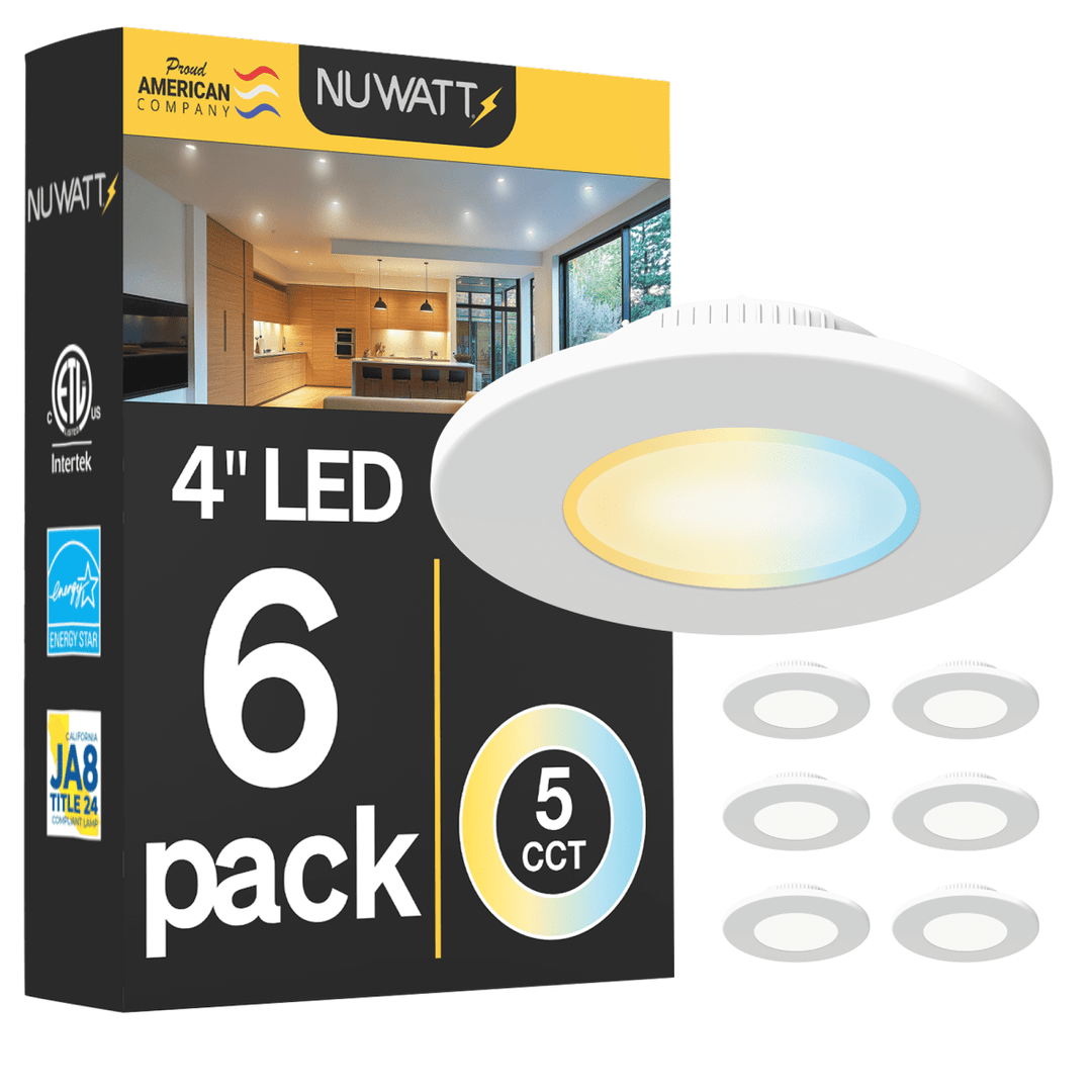 Nuwatt 4-inch LED recessed ceiling light shown with its retail box and six light heads on a white background. The box is black and yellow with kitchen imagery, and the light fixture is shown in white with a warm-to-cool color-changing lens.