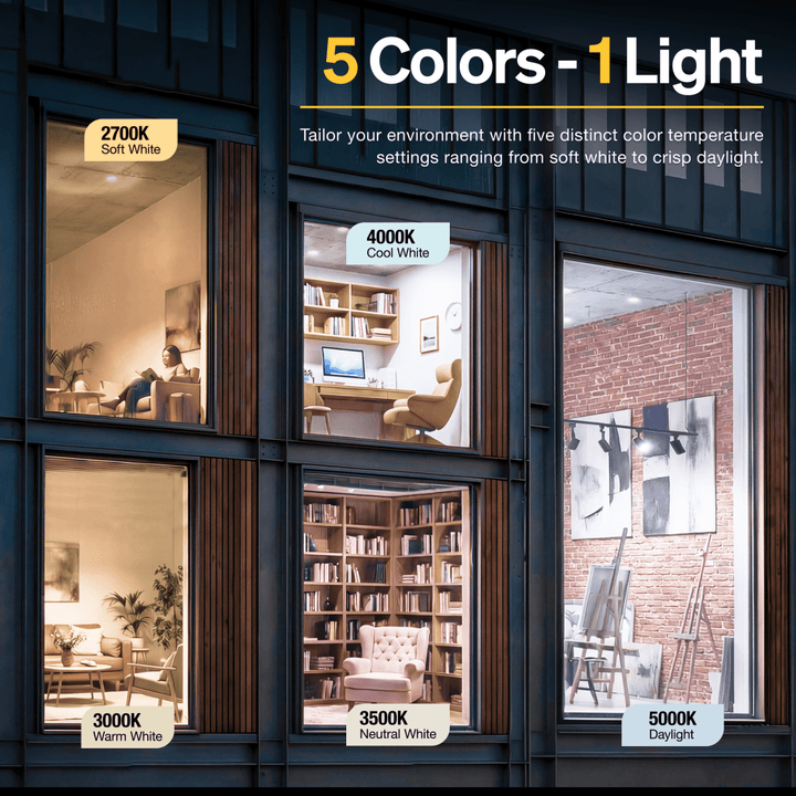 5CCT LED junction box downlight allows you to select from soft white, cool white, warm white, neutral white, and daylight.