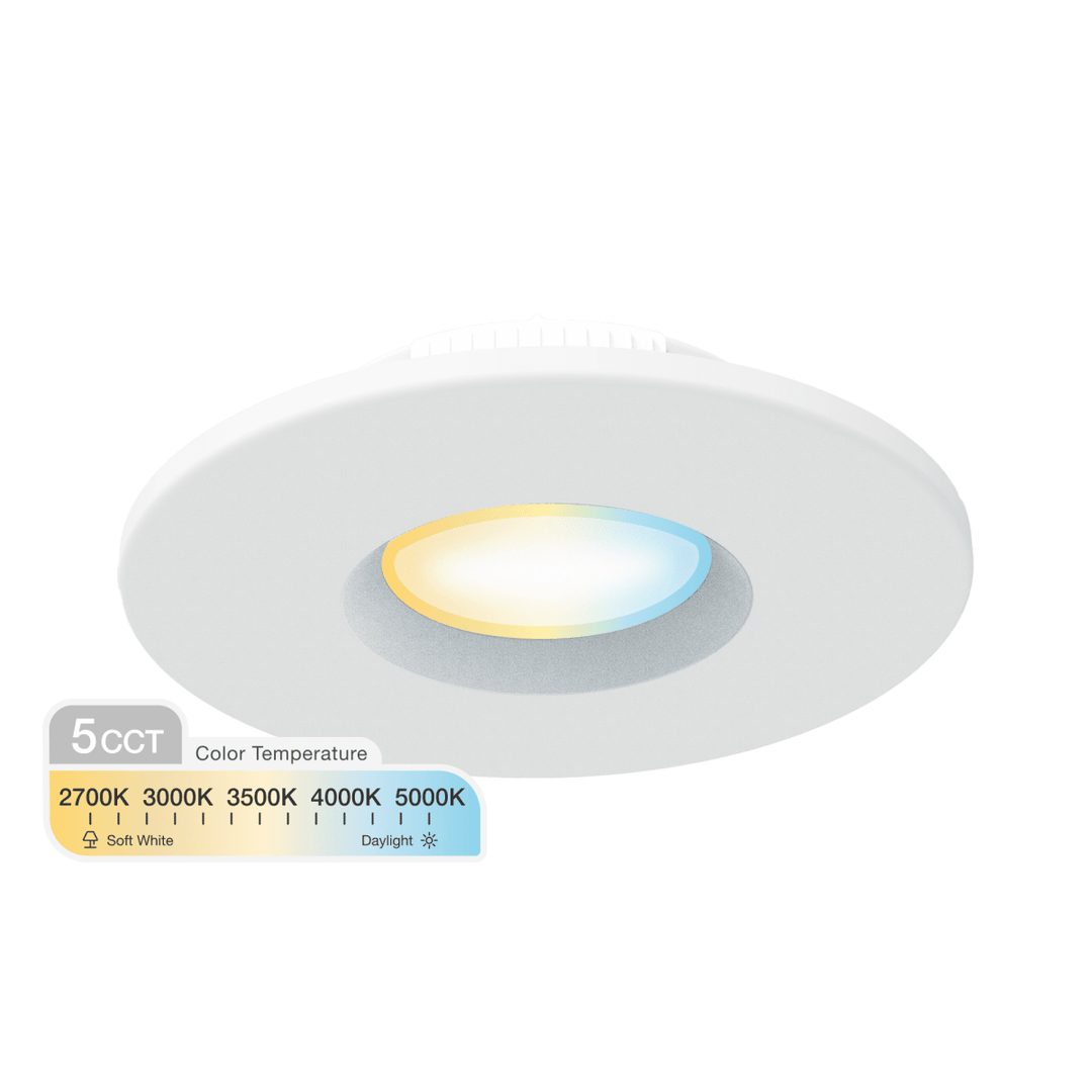 A white circular surface mount recessed light fixture shown on a white background with a 5CCT color temperature indicator overlay.