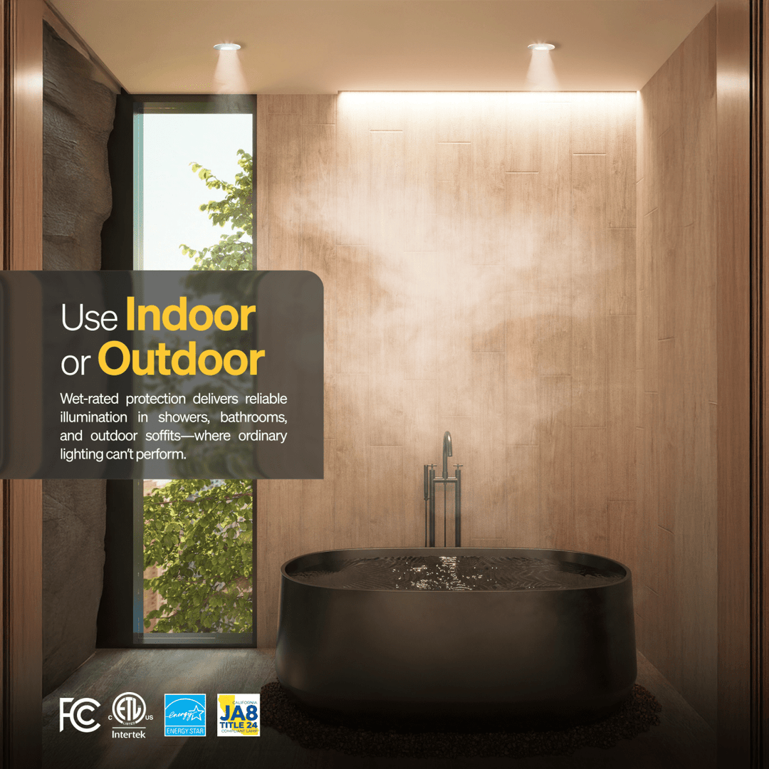 Indoor or Outdoor LED ceiling lights with wet-rated protection benefits, certified by ETL intertek, FCC, California JA* title 24, and Energy star.