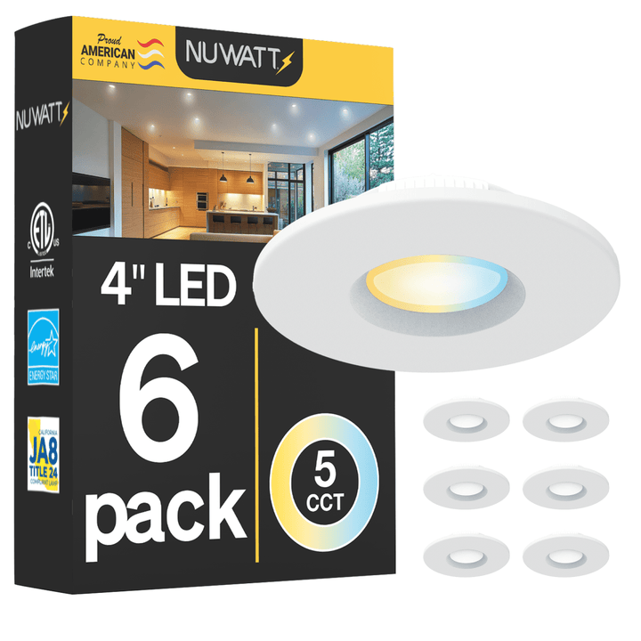 Nuvvatt 4-inch LED recessed ceiling light shown in a 6-pack box with six white round light covers displayed beside it on a white background.