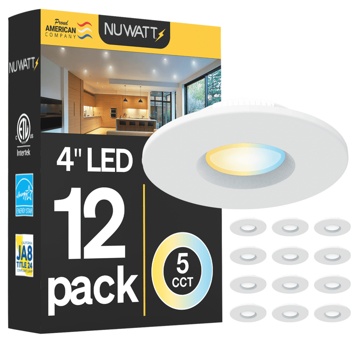 Nuwatt 4-inch LED recessed ceiling light shown in its retail box, with one illuminated light fixture and ten unlit round diffusers on a plain white background.