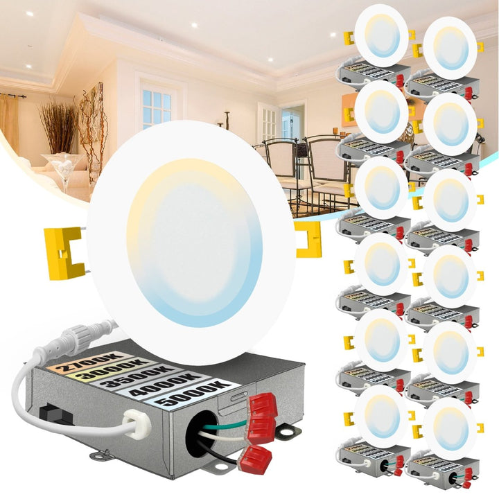 4" Inch 120-277V Recessed Lighting Slim Canless LED - Wet Rated - 5CCT 2700K-5000K - 1000 LM