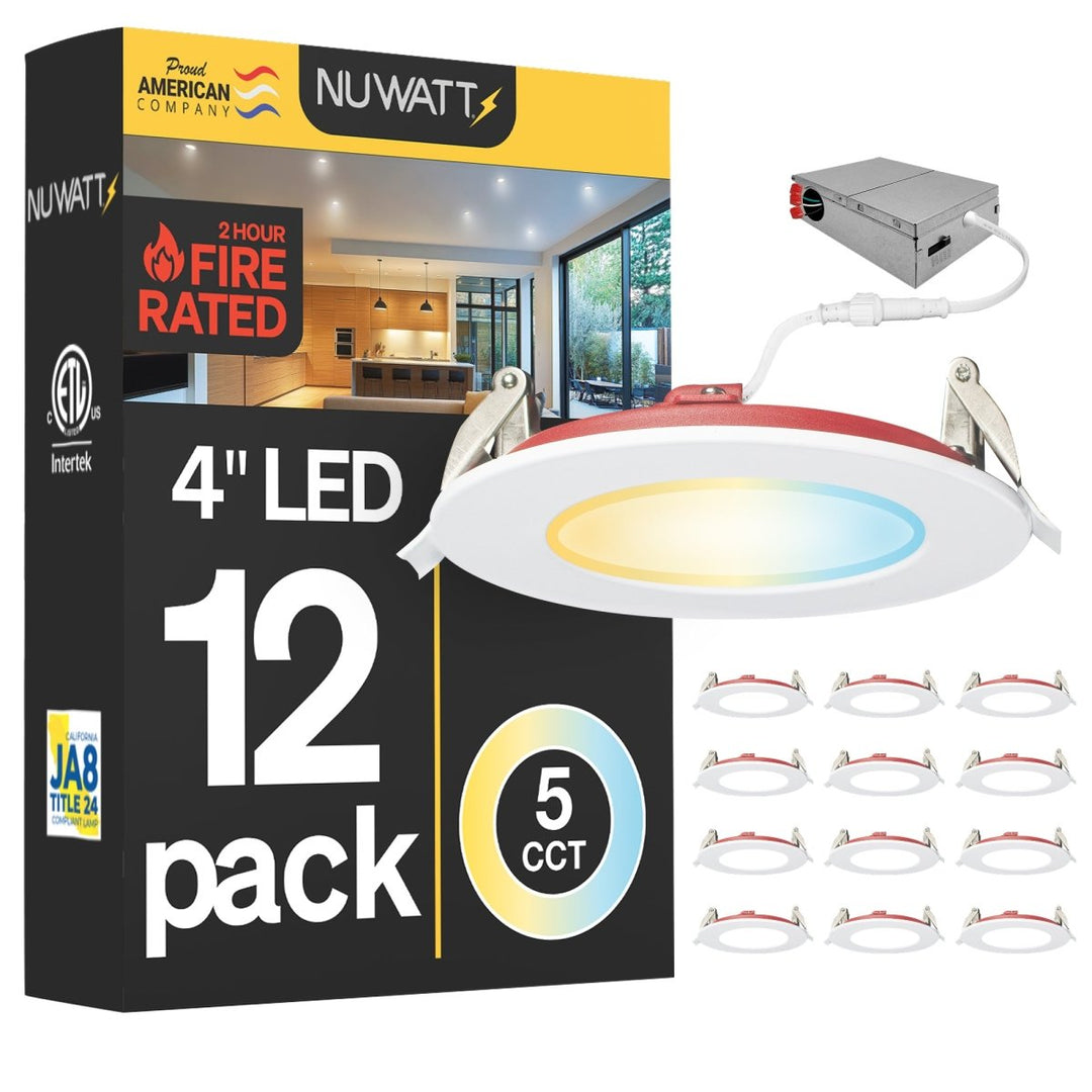 4" Inch 2 Hour Fire Rated Recessed Light Slim Canless LED Wafer Lights - Wet Rated - 5CCT 2700K-5000K- 900LM
