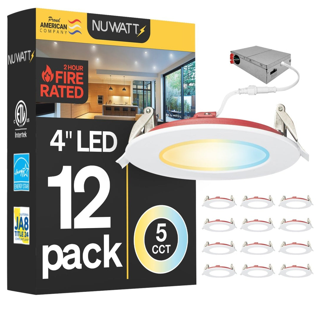 4" Inch 2 Hour Fire Rated Recessed Light Slim Canless LED Wafer Lights - Wet Rated - 5CCT 2700K-5000K- 900LM