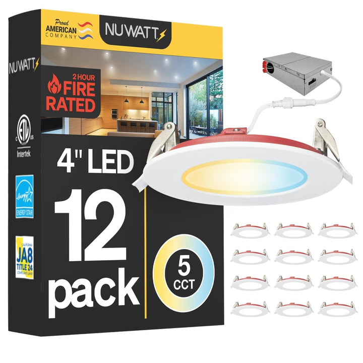 4" Inch 2 Hour Fire Rated Recessed Light Slim Canless LED Wafer Lights - Wet Rated - 5CCT 2700K-5000K- 900LM