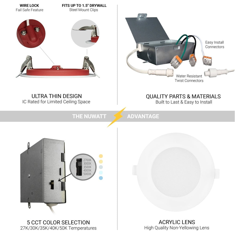4" Inch 2 Hour Fire Rated Recessed Light Slim Canless LED Wafer Lights - Wet Rated - 5CCT 2700K-5000K- 900LM
