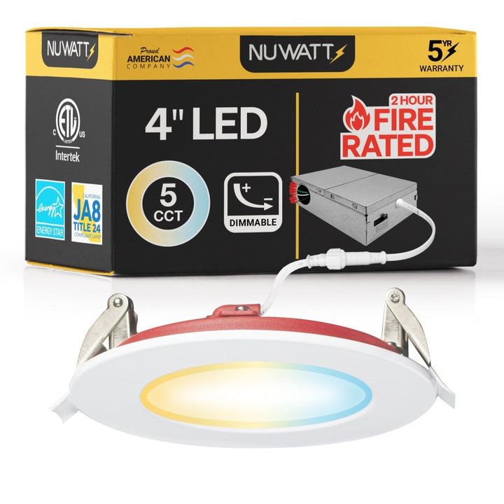 4" Inch 2 Hour Fire Rated Recessed Light Slim Canless LED Wafer Lights - Wet Rated - 5CCT 2700K-5000K- 900LM