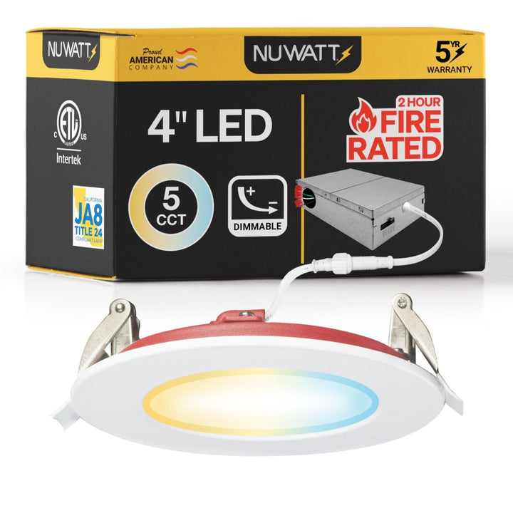 4" Inch 2 Hour Fire Rated Recessed Light Slim Canless LED Wafer Lights - Wet Rated - 5CCT 2700K-5000K- 900LM