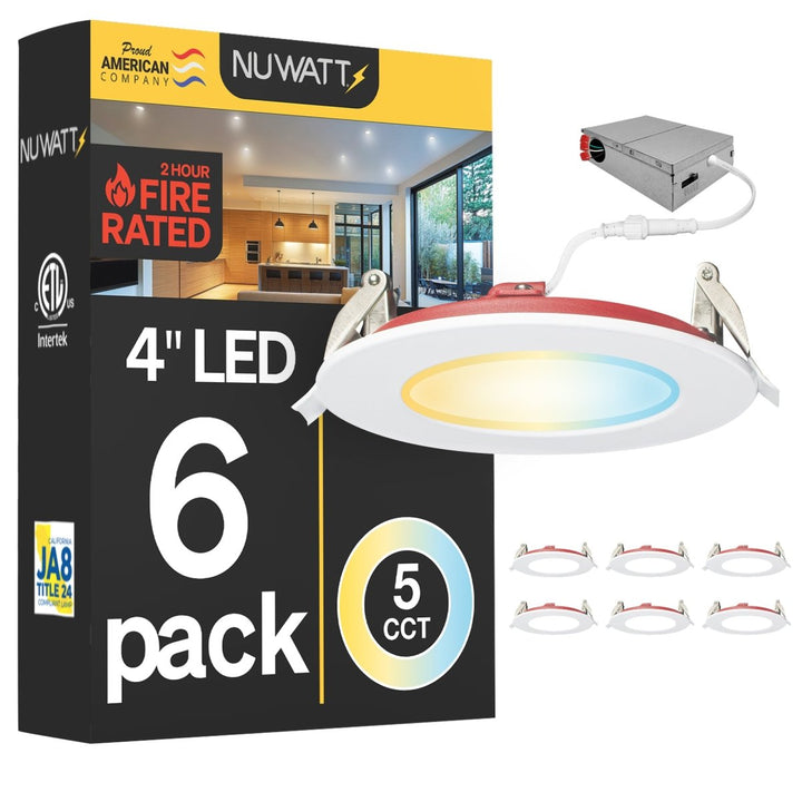 4" Inch 2 Hour Fire Rated Recessed Light Slim Canless LED Wafer Lights - Wet Rated - 5CCT 2700K-5000K- 900LM