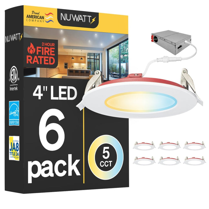 4" Inch 2 Hour Fire Rated Recessed Light Slim Canless LED Wafer Lights - Wet Rated - 5CCT 2700K-5000K- 900LM