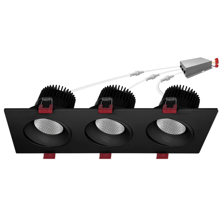 4 Inch Anti Glare Black Square Gimbal Triple Head LED Recessed Lighting - 45W - 3,000 Lumens - 120V - Wet Rated