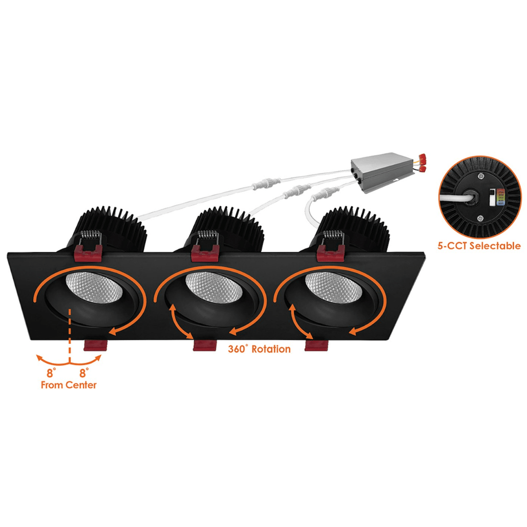 4 Inch Anti Glare Black Square Gimbal Triple Head LED Recessed Lighting - 45W - 3,000 Lumens - 120V - Wet Rated