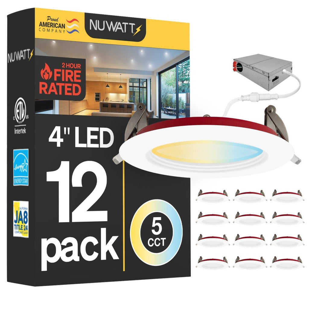 4" Inch Baffle Trim 2 Hour Fire Rated Recessed Light Slim Canless LED Wafer Lights - Wet Rated - 5CCT 2700K-5000K - 900LM