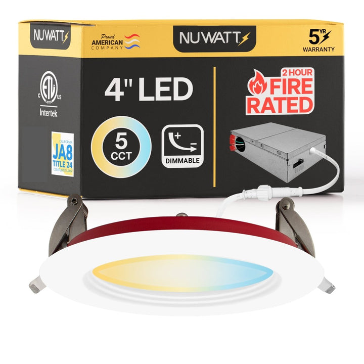 4" Inch Baffle Trim 2 Hour Fire Rated Recessed Light Slim Canless LED Wafer Lights - Wet Rated - 5CCT 2700K-5000K - 900LM