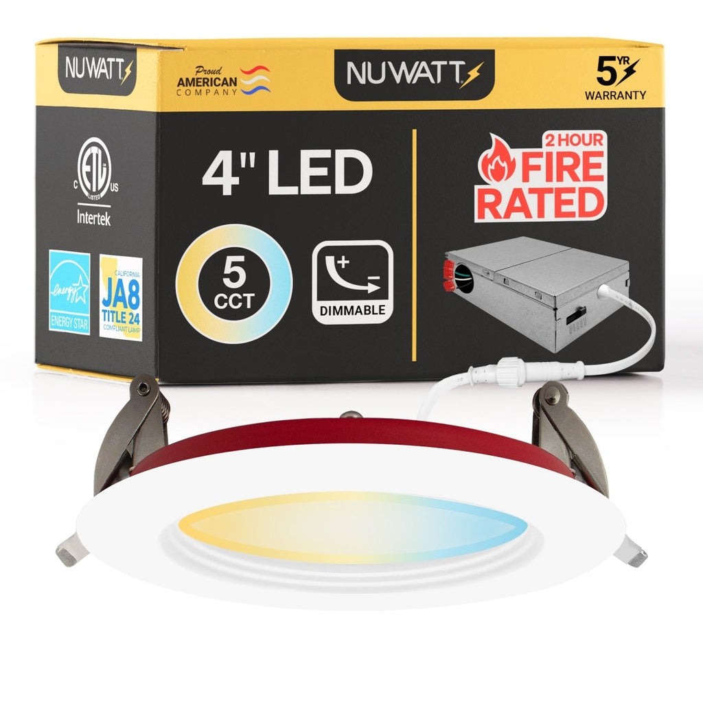 4" Inch Baffle Trim 2 Hour Fire Rated Recessed Light Slim Canless LED Wafer Lights - Wet Rated - 5CCT 2700K-5000K - 900LM